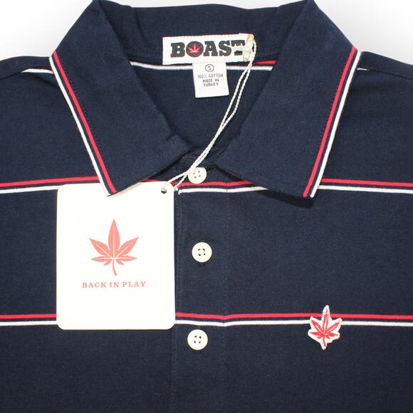 NEW Small BOAST USA Mens Jersey Striped Polo Navy White Red Cotton - Picture 2 of 9